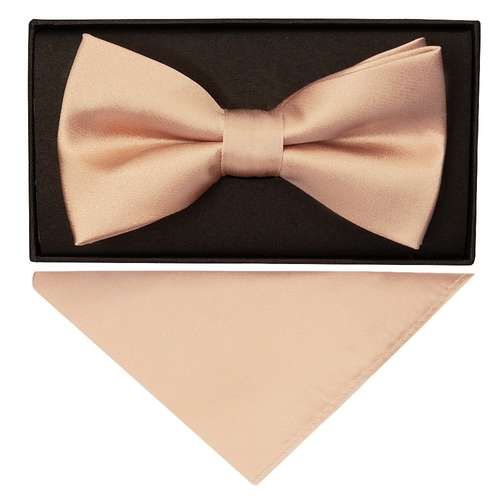 Plain Light Peach Satin Silk Mens Bow Tie And Pocket Square Set 1