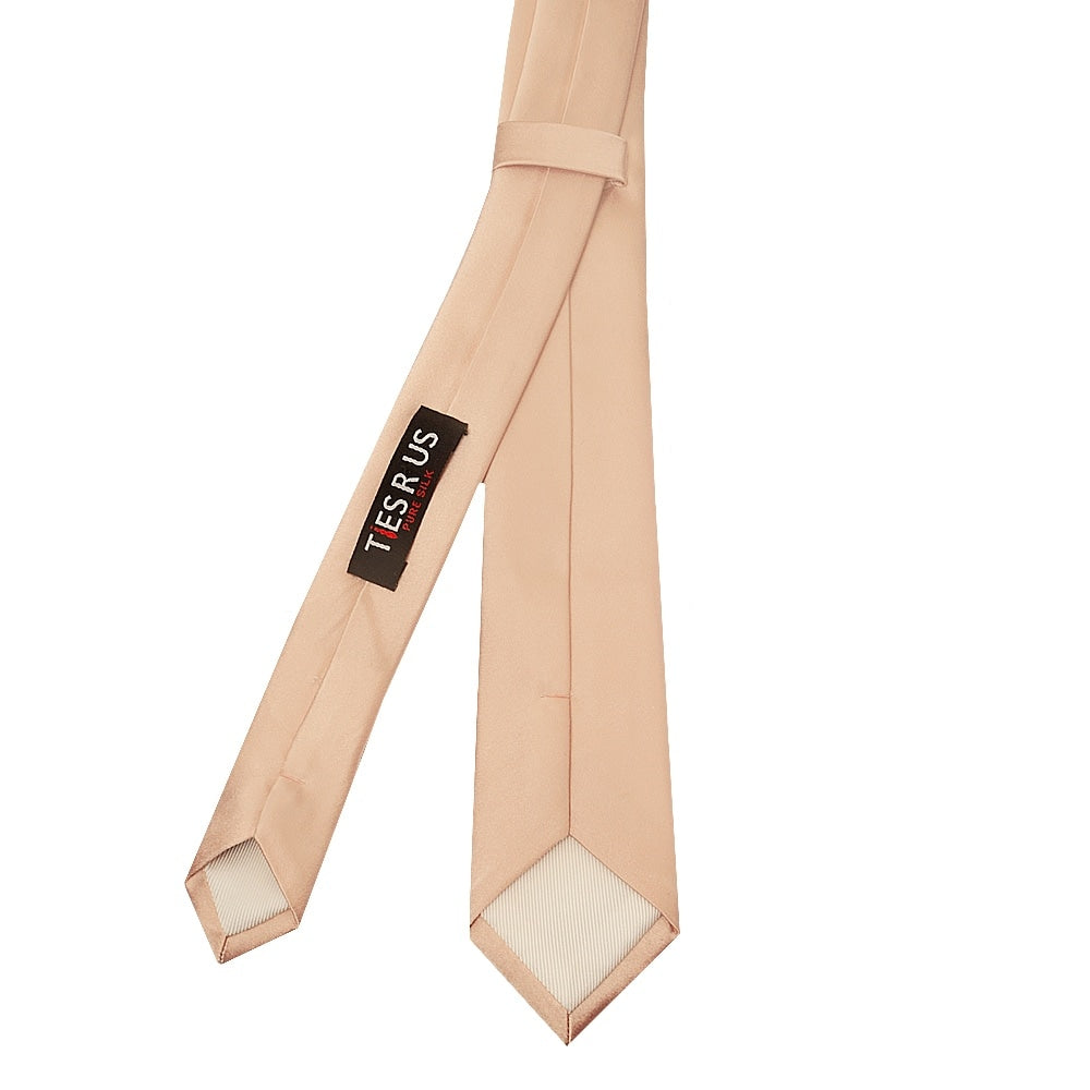 Plain Light Peach Satin Silk Skinny Boys Tie And Pocket Square Set 4