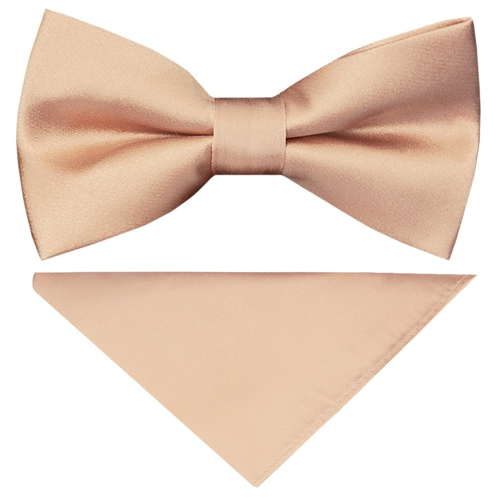 Pre Tied Light Peach Satin Silk Boys Bow Tie And Pocket Square Set 1