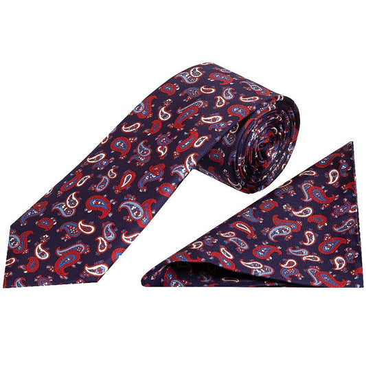 Barkley London Navy With Red Mini Paisley Classic Mens Tie And Pocket Square Set 1