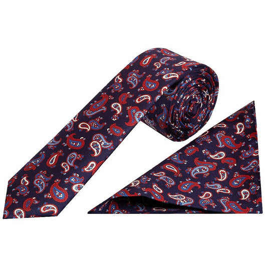 Barkley London Navy With Red Mini Paisley Skinny Mens Tie And Pocket Square Set 1