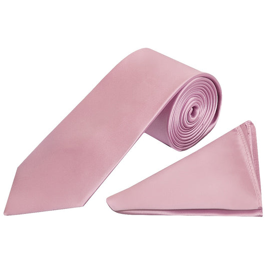 Plain Light Dusty Pink Satin Classic Mens Tie And Pocket Square Set 1