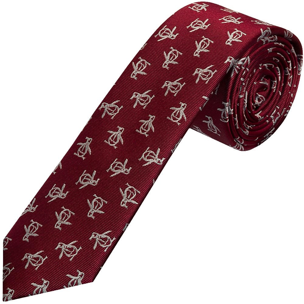 Original Penguin Burgundy Logo Skinny Mens Silk Tie 1