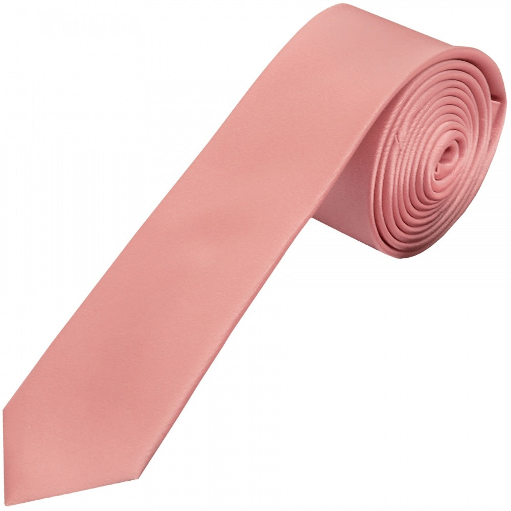 Plain Pink Satin Silk Skinny Mens Tie 1