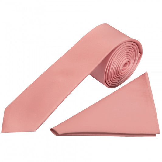 Plain Pink Satin Silk Skinny Mens Tie And Pocket Square Set 1