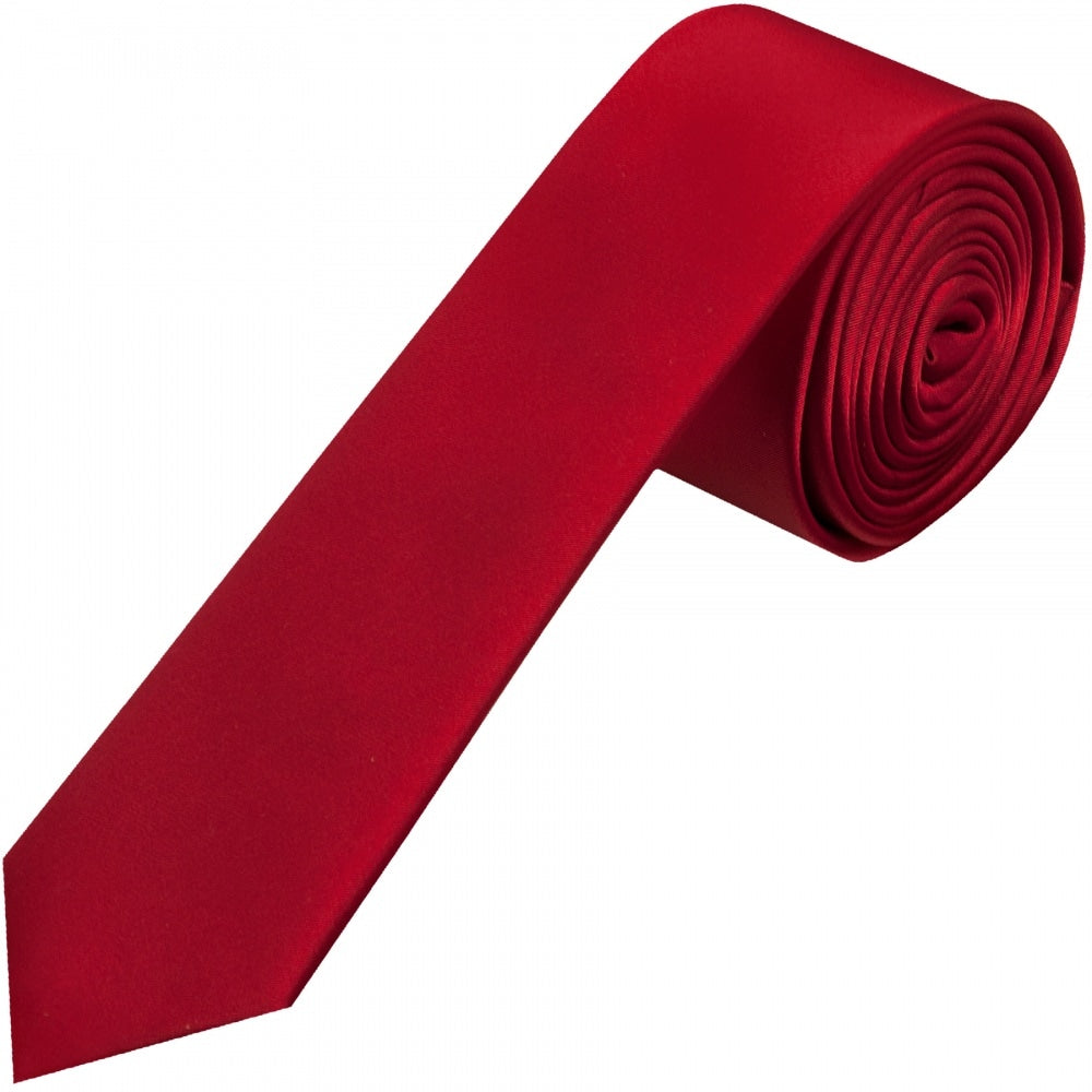 Plain Scarlet Red Satin Silk Skinny Mens Tie 1