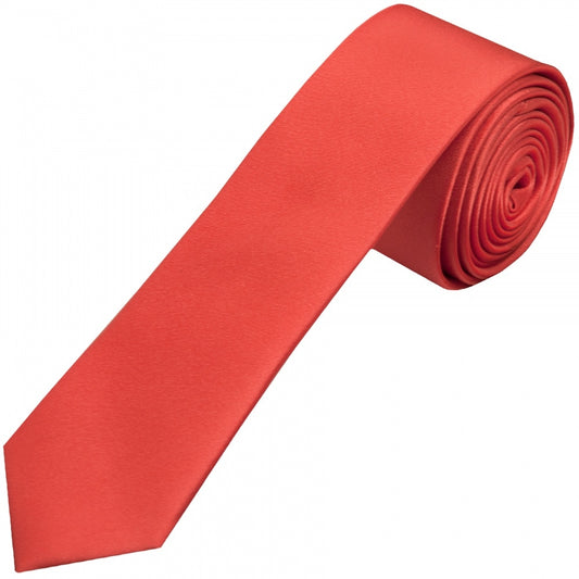 Plain Coral Pink Satin Silk Skinny Mens Tie 1