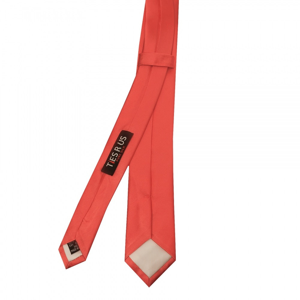 Plain Coral Pink Satin Silk Skinny Mens Tie 3