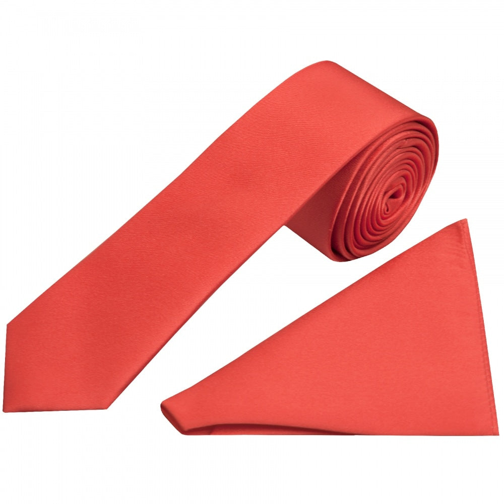 Plain Coral Pink Satin Silk Skinny Mens Tie And Pocket Square Set 1