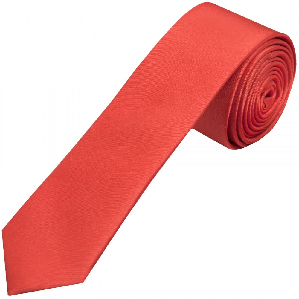 Plain Coral Pink Satin Silk Skinny Mens Tie And Pocket Square Set 2