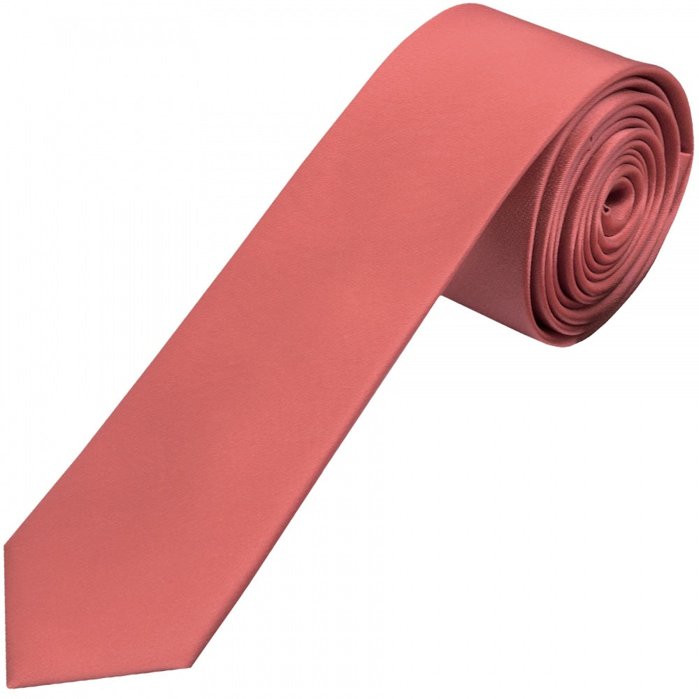 Plain Light Coral Satin Silk Skinny Mens Tie 1