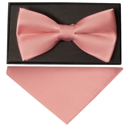 Plain Pink Satin Silk Mens Bow Tie And Pocket Square Set 1