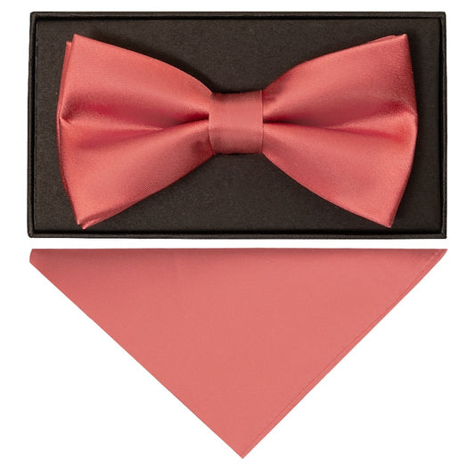 Plain Light Coral Satin Silk Mens Bow Tie And Pocket Square Set 1