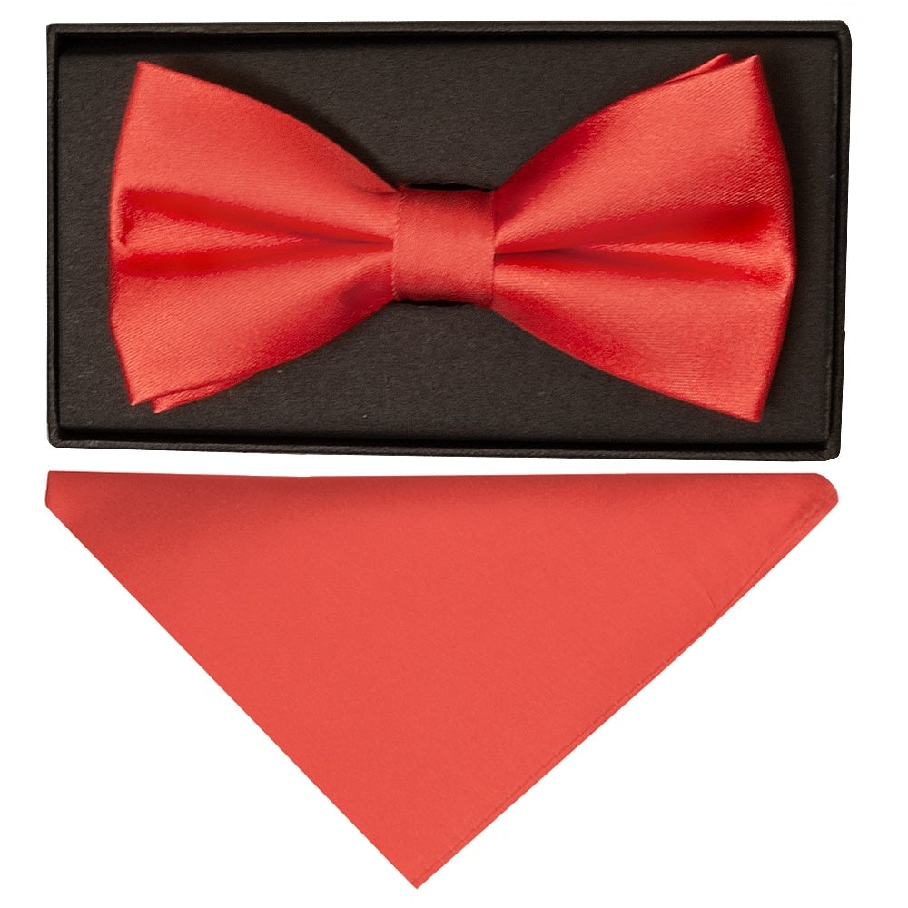 Plain Coral Pink Satin Silk Mens Bow Tie And Pocket Square Set 1