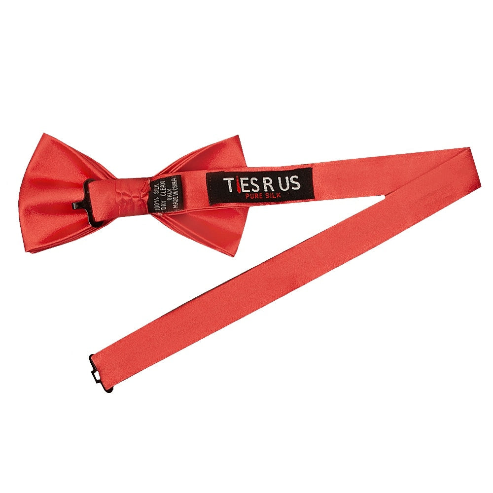 Plain Coral Pink Satin Silk Mens Bow Tie And Pocket Square Set 3