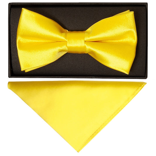 Plain Sunshine Yellow Handmade Mens Bow Tie And Pocket Square Set 1
