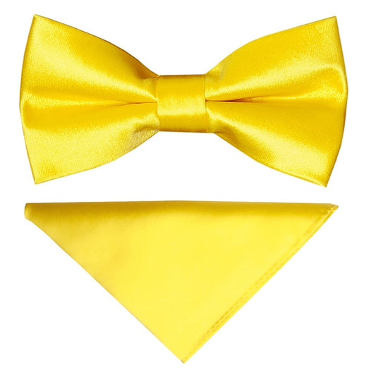 Pre Tied Sunshine Yellow Satin Boys Bow Tie And Pocket Square Set 1