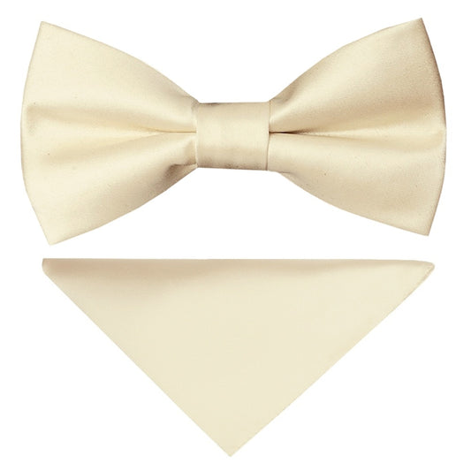 Pre Tied Ivory Satin Boys Bow Tie And Pocket Square Set 1