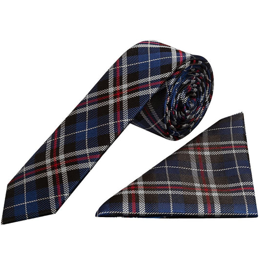 Blue And White Tartan Silk Skinny Boys Tie And Pocket Square Set 1