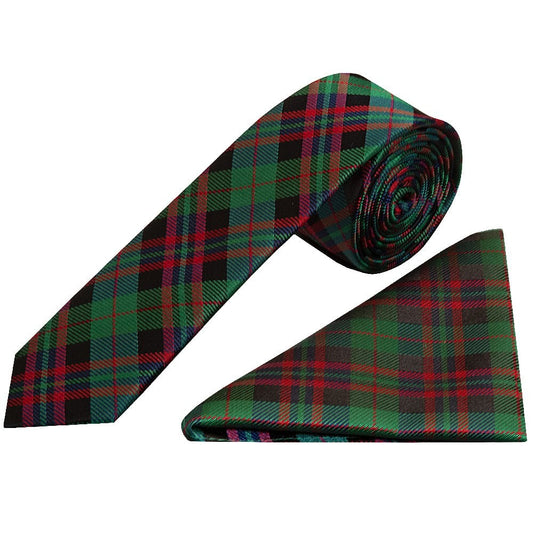 Chatsworth Collection Green And Red Tartan Silk Skinny Mens Tie And Pocket Square Set 1