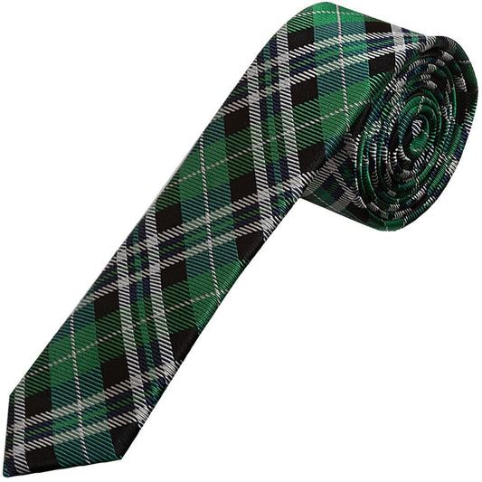 Green And White Tartan Silk Skinny Boys Tie 1