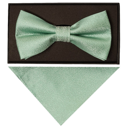 Plain Green Textured Silk Mens Bow Tie And Pocket Square Set 1