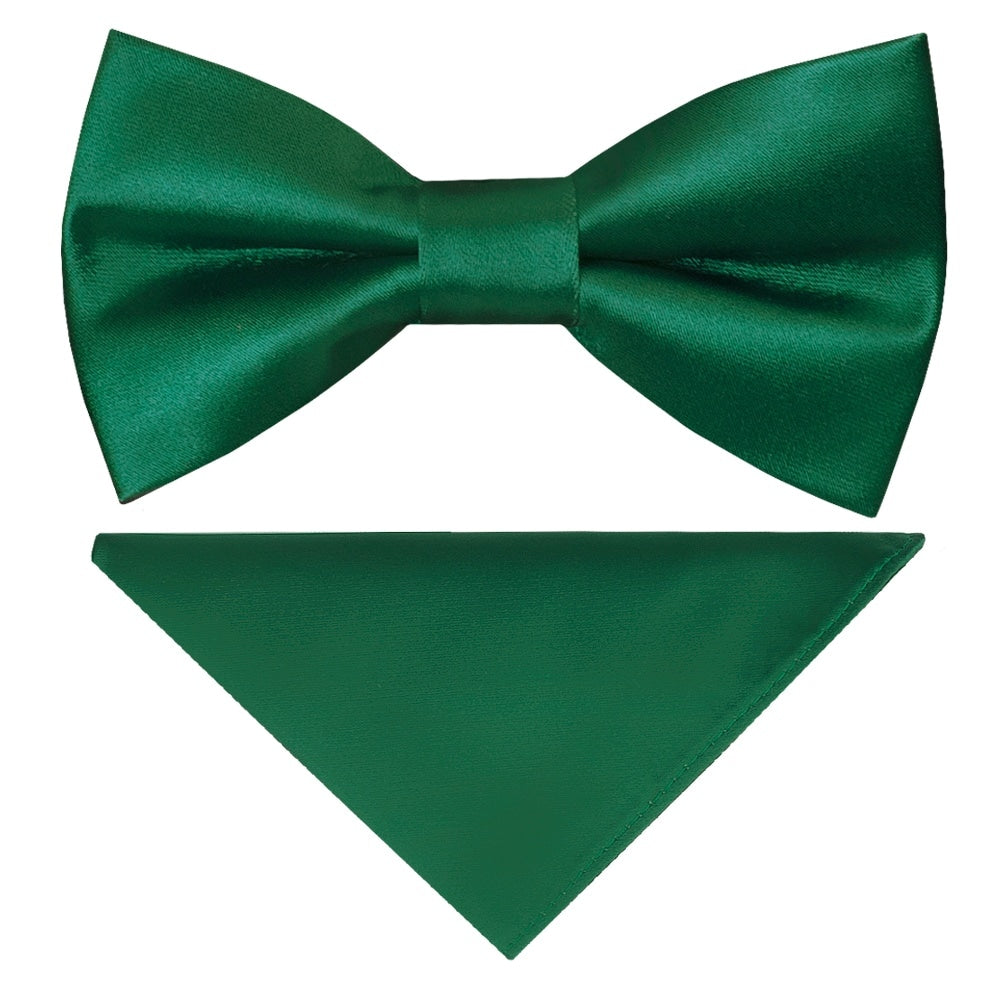 Pre Tied Forest Green Satin Boys Bow Tie And Pocket Square Set 1