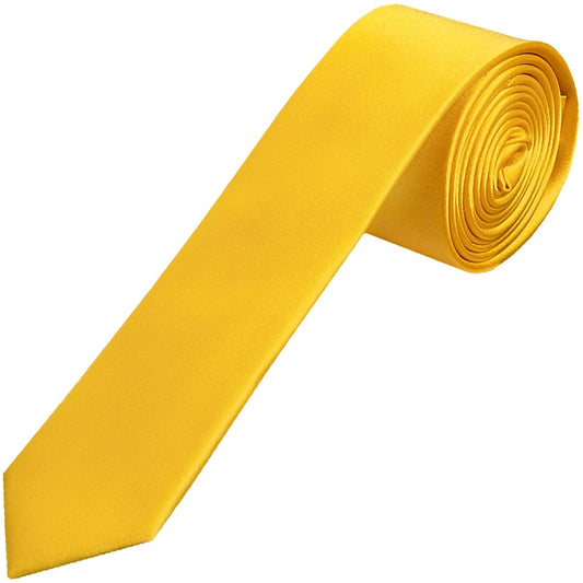 Plain Bright Yellow Satin Silk Skinny Mens Tie 1