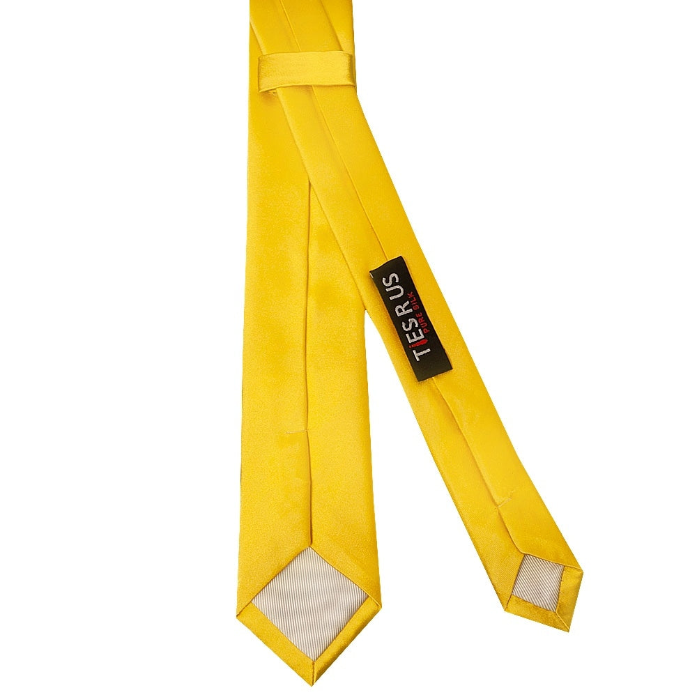 Plain Bright Yellow Satin Silk Skinny Mens Tie 3