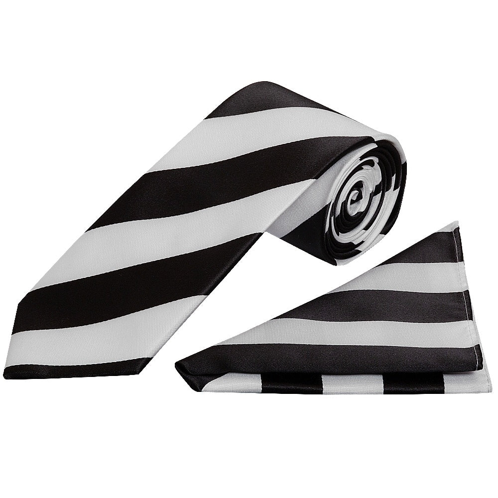 Black And White Striped Handmade Classic Mens Football Tie And Pocket Square Set 1