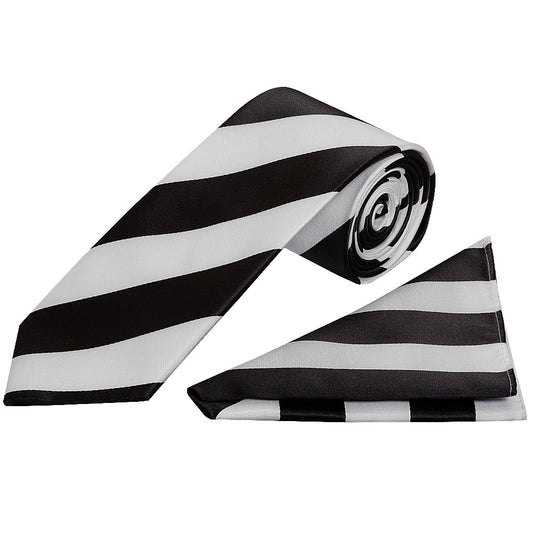 Black And White Striped Handmade Classic Mens Football Tie And Pocket Square Set 1