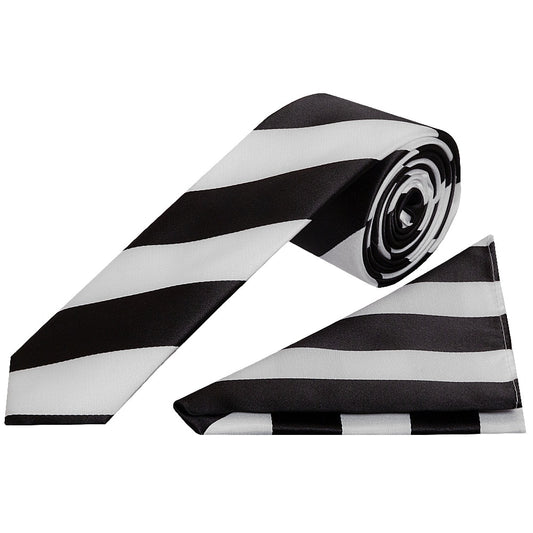 Black And White Striped Skinny Mens Football Tie And Pocket Square Set 1