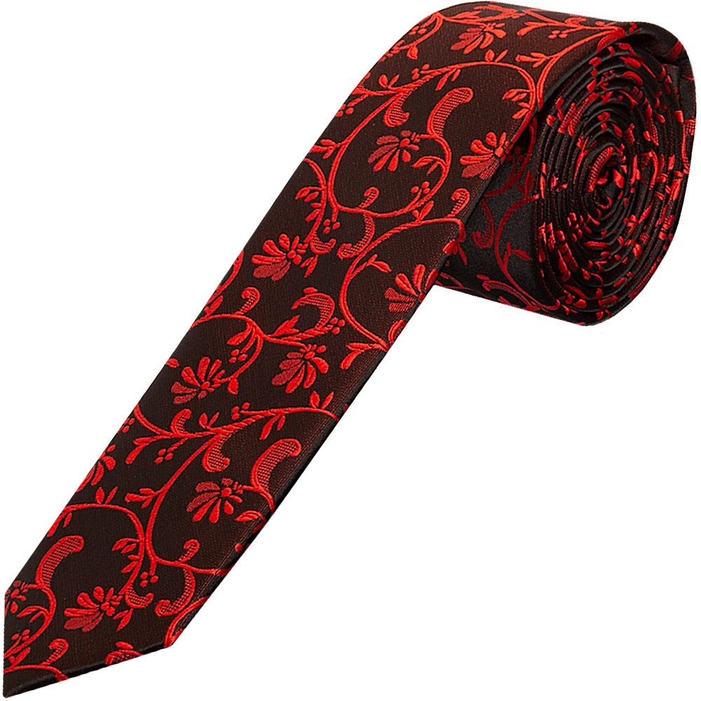 Black With Red Floral Skinny Boys Tie 1