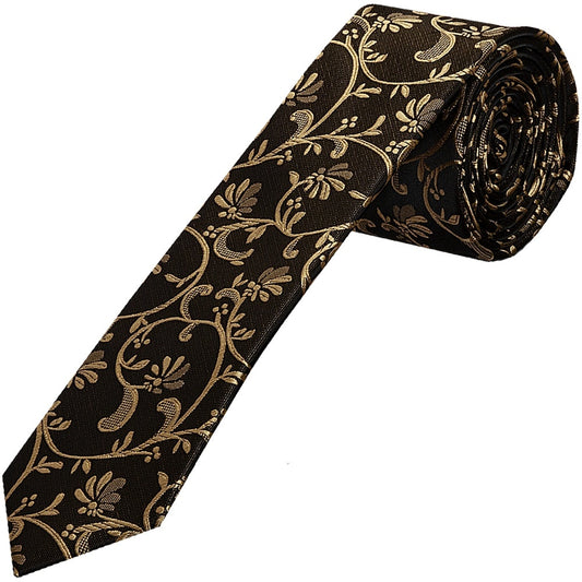 Black With Gold Floral Skinny Boys Tie 1