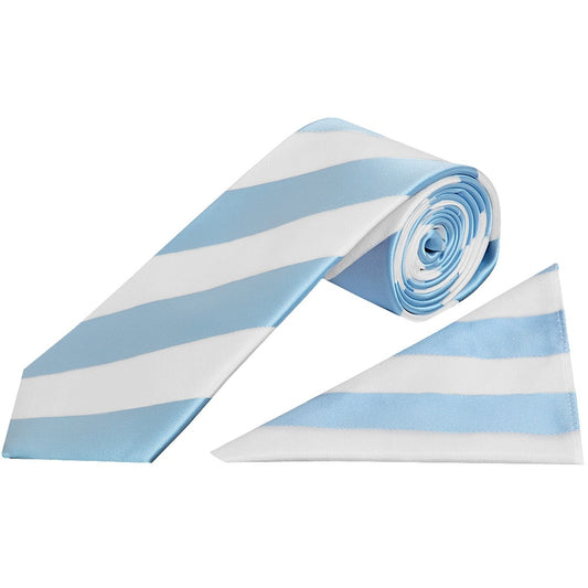 Sky Blue And White Striped Classic Mens Football Tie And Pocket Square Set 1
