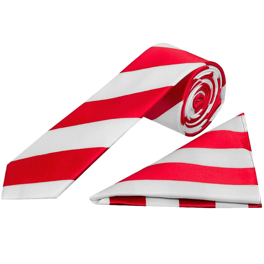 Red And White Striped Skinny Boys Tie Pocket Square Set 1
