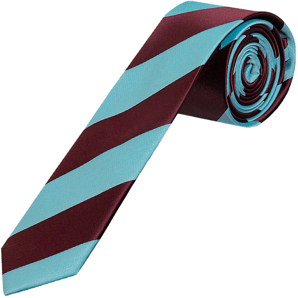 Claret And Blue Striped Hand Made Skinny Mens Football Tie And Pocket Square Set 2