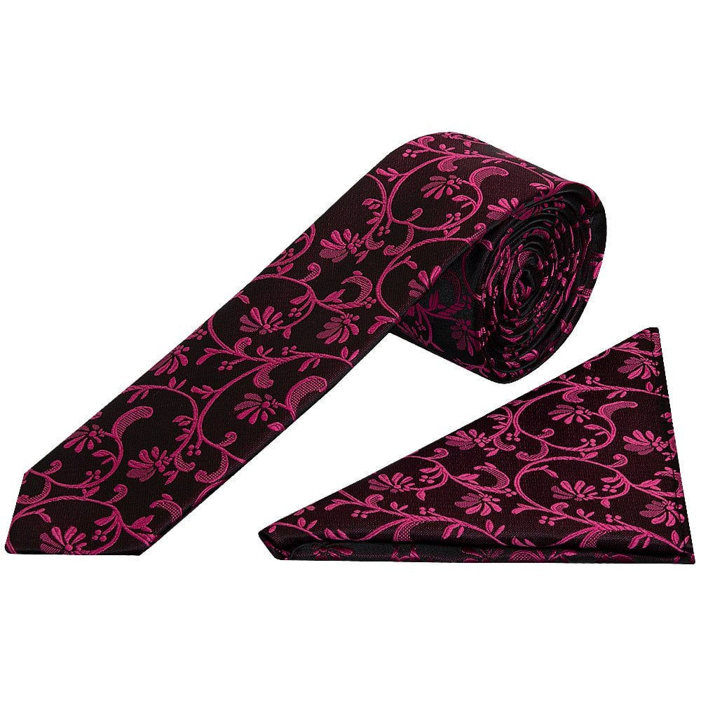 Black With Fuchsia Floral Skinny Boys Tie And Pocket Square Set 1