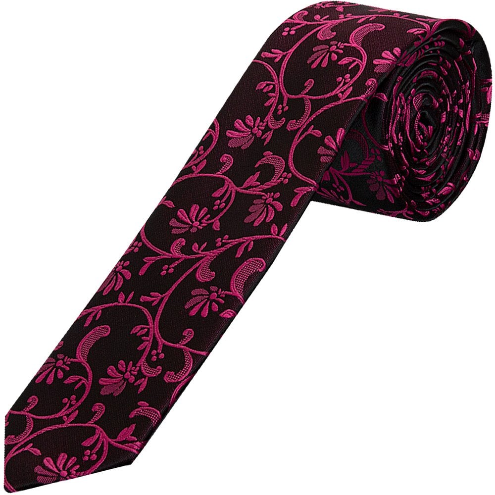 Black With Fuchsia Floral Skinny Boys Tie And Pocket Square Set 2