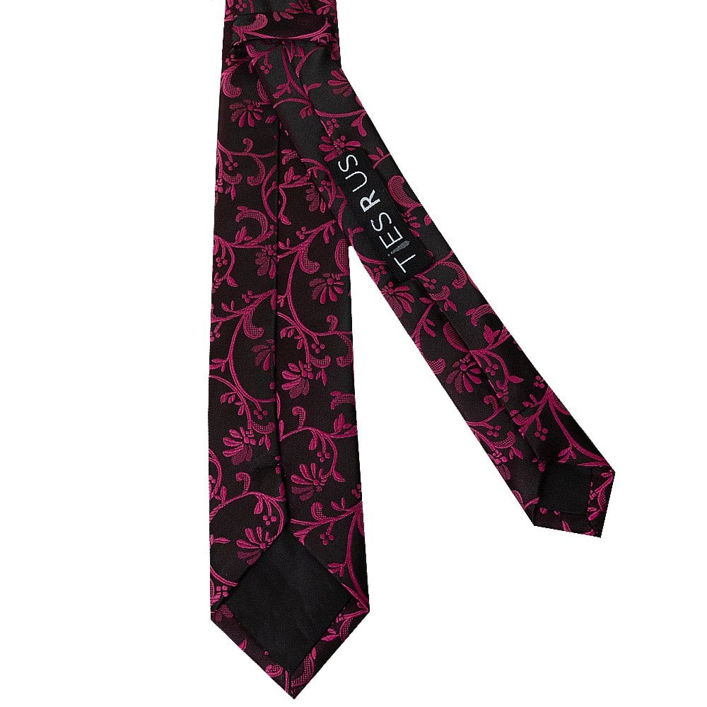 Black With Fuchsia Floral Skinny Boys Tie And Pocket Square Set 4