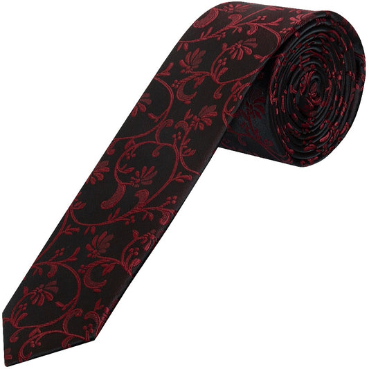 Black With Burgundy Floral Skinny Boys Tie 1