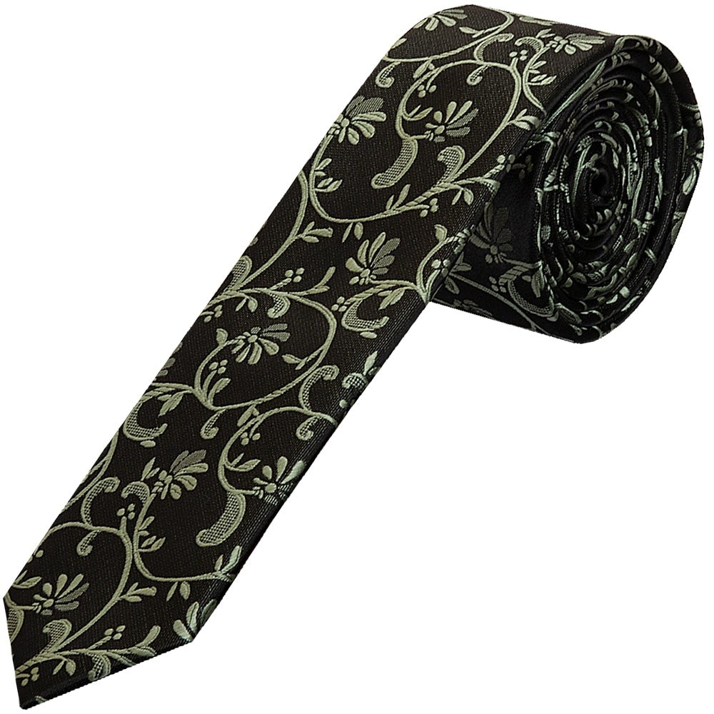 Black With Sage Green Floral Skinny Boys Tie 1