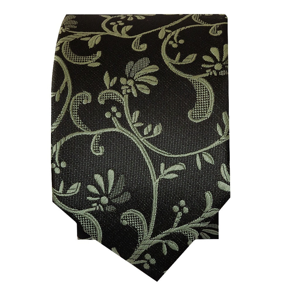 Black With Sage Green Floral Skinny Boys Tie 2