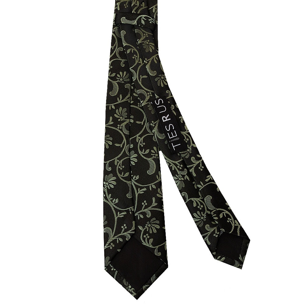Black With Sage Green Floral Skinny Boys Tie 3