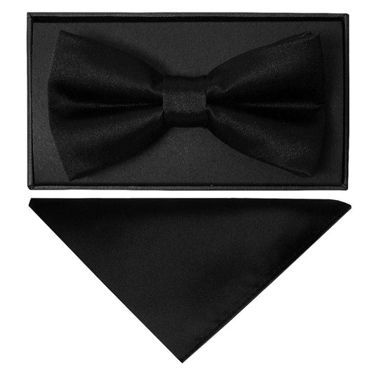 Plain Black Hand Made Mens Bow Tie And Pocket Square Set 1
