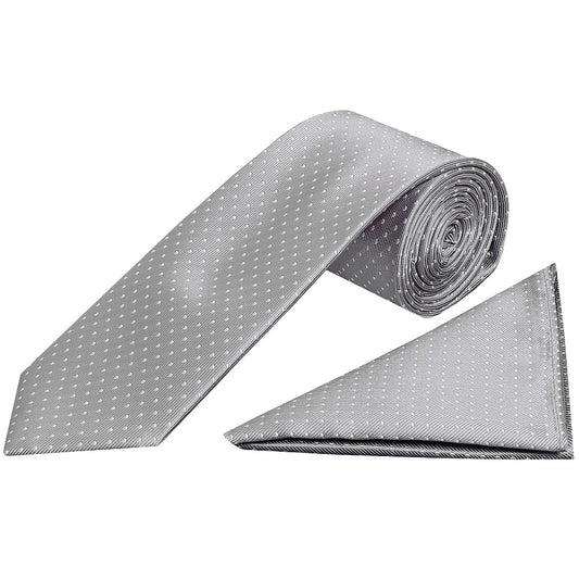 Silver And White Polka Dot Classic Mens Tie Pocket Square Set 1
