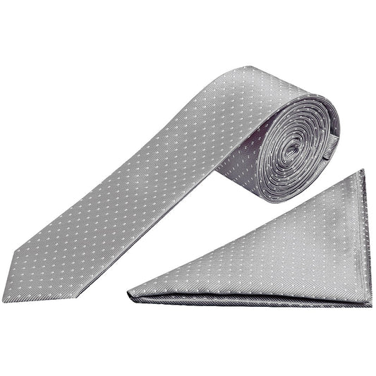 Silver And White Polka Dot Skinny Mens Tie Pocket Square Set 1