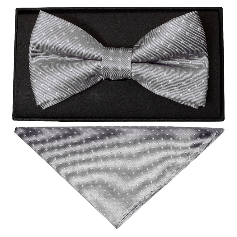 Handmade Silver And White Polka Dot Mens Bow Tie And Pocket Square Set 1