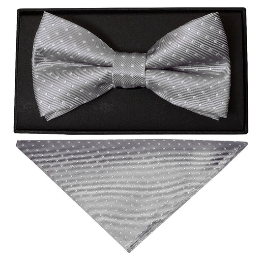 Handmade Silver And White Polka Dot Mens Bow Tie And Pocket Square Set 1