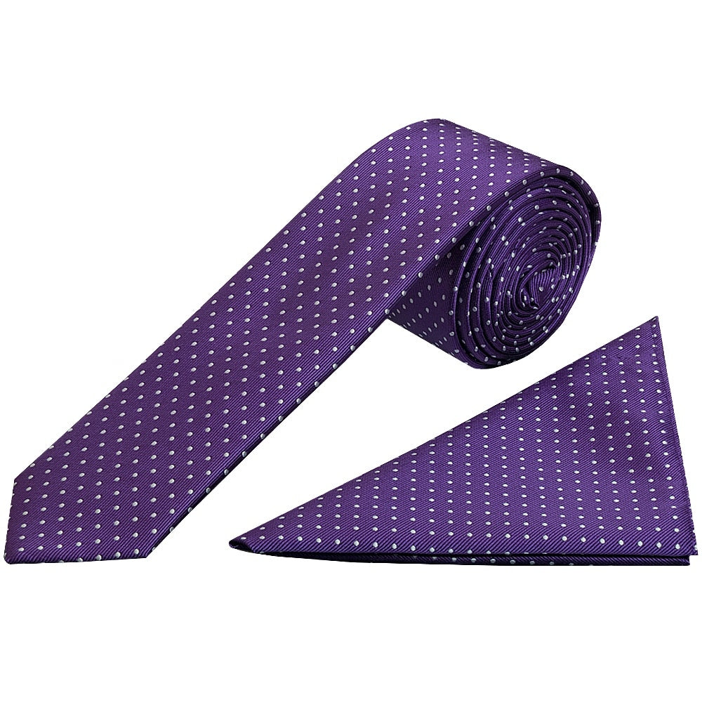 Purple And White Polka Dot Skinny Boys Tie And Pocket Square Set 1